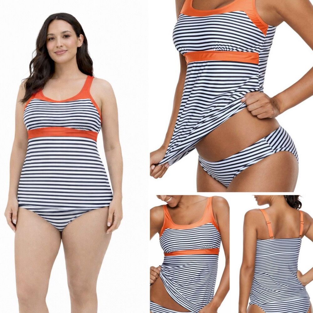 2 Piece Modest Swimsuit Black & White Orange Trim M